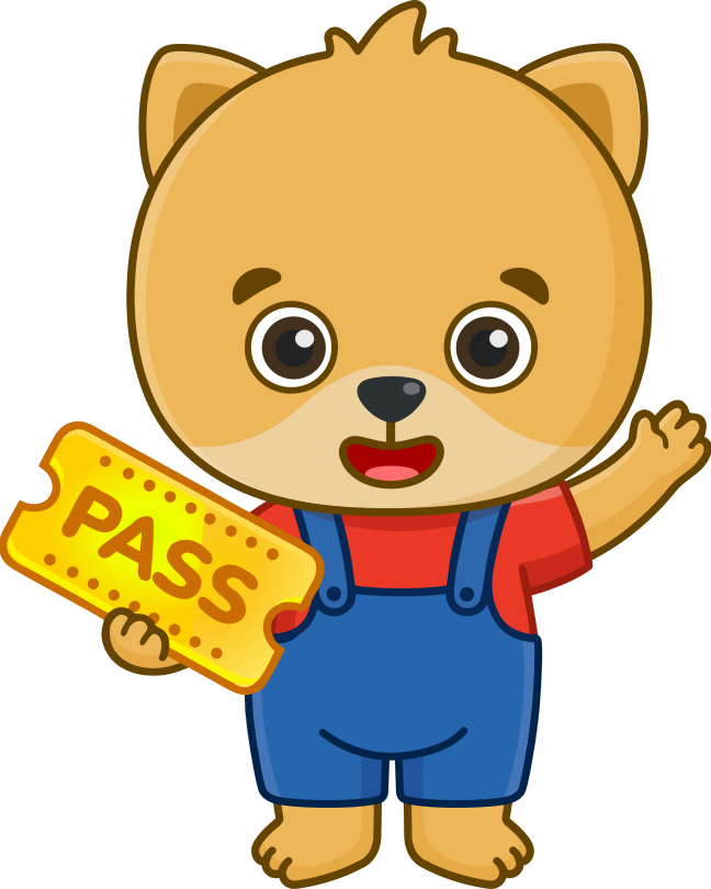 Bimi waving with a Pass ticket
