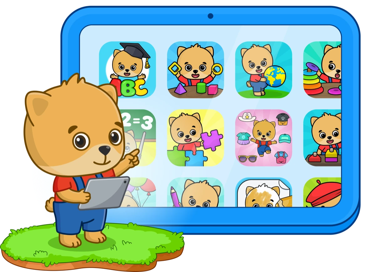 Bimi with a tablet full of Bimi Boo apps