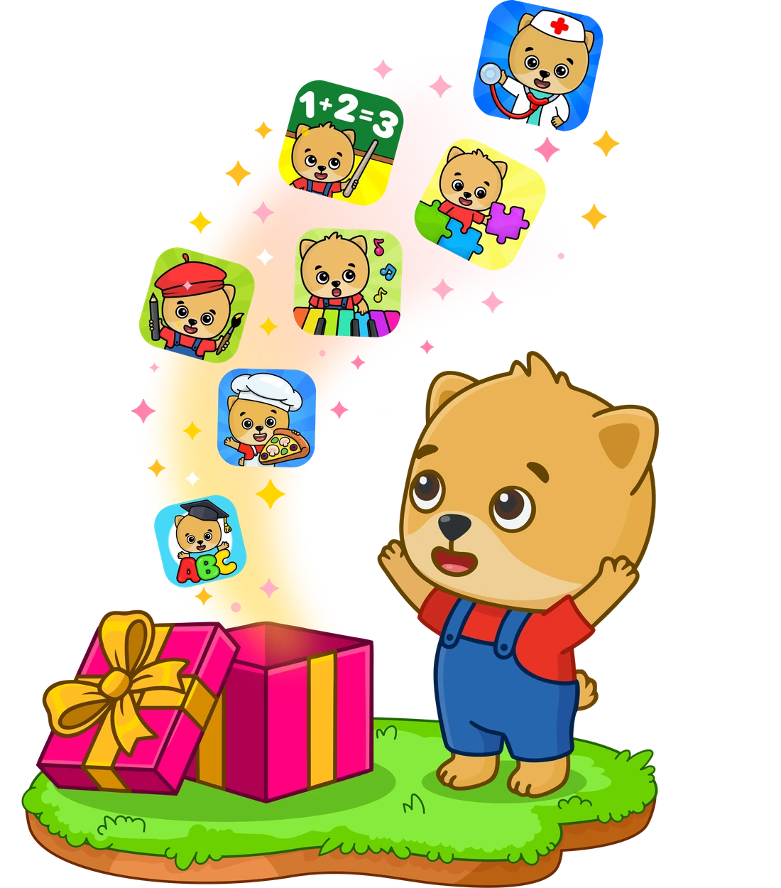 Bimi with a gift box full of Bimi Boo apps